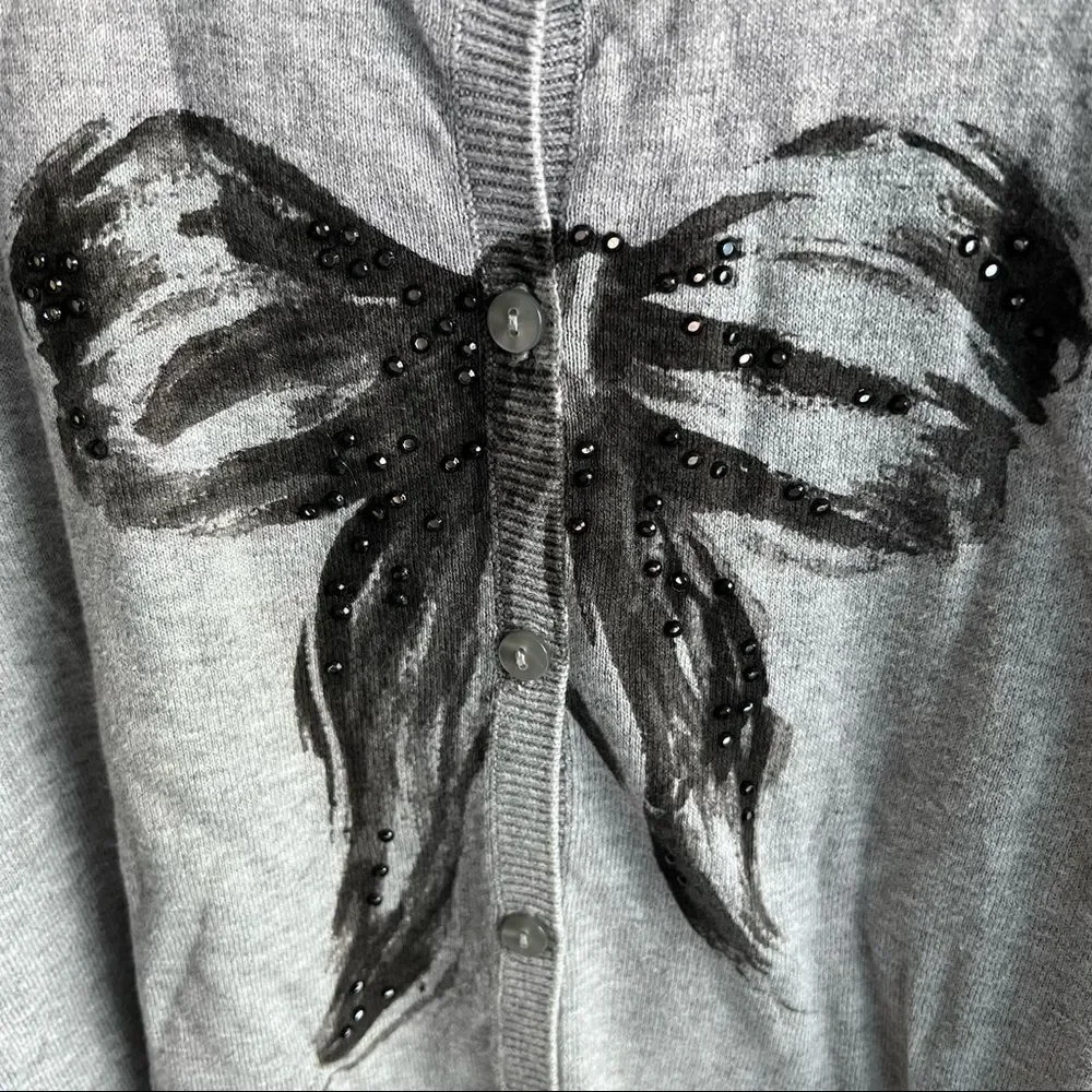 Caslon bow tie printed cardigan sweater 3/4 sleeve